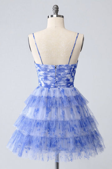 Blue Printed A-Line Tiered Homecoming Dress with Ruffles